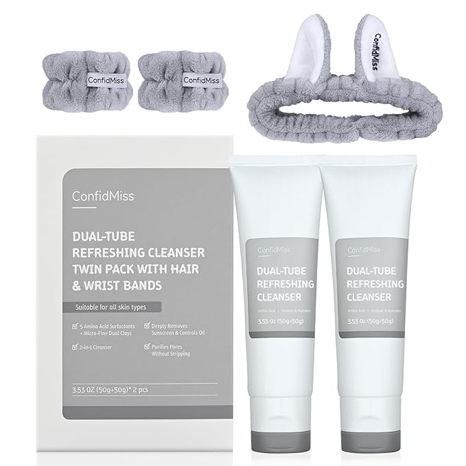 Dual-Tube Refreshing Facial Cleanser, with Double Micro-Fine White Clay Centella Asiatica Pore Cleaning Blackhead Sunscreen Remover Daily Face Amino Acid Cleanser For Oily Skin 2PCS