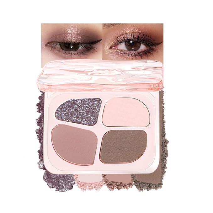 Pink Eyeshadow Palette – 4-Color Mauve Nude & Baby Pink Matte Shades with Lavender Silver Glitter, High Pigment Long-Lasting Blendable Eye Shadow Quad for Daily Soft Glam & Natural Cool Tone Looks