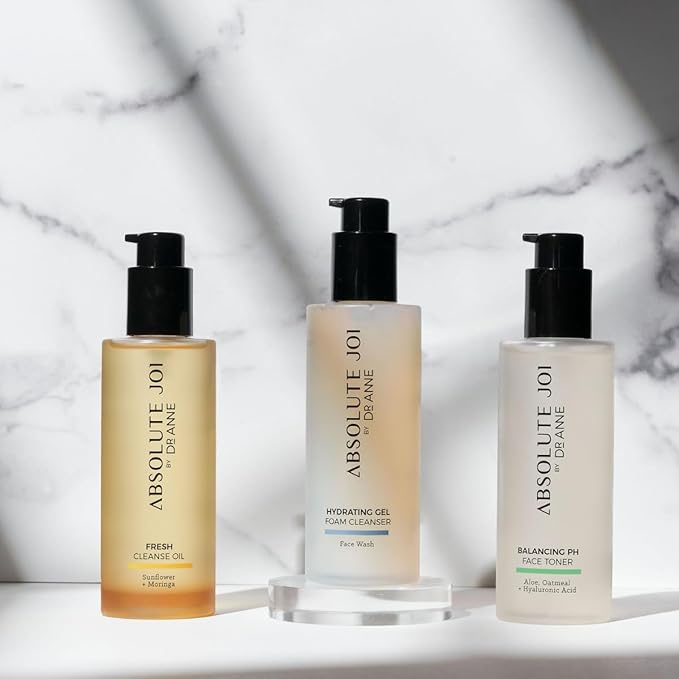 AbsoluteJOI The Ultimate Double Cleansing Face Kit. Includes 1 bottle Each of Sunflower & Moringa Fresh Cleanse Oil, Hydrating Gel Foam Cleanser and Balancing pH Toner - 200ml each bottle