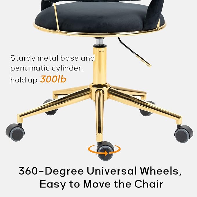 NIOIIKIT Velvet Office Desk Chair with Hand Woven Backrest, 360° Swivel & Height Adjustable Task Chairs, Makeup Chair, Living Room Chairs with Stainless Base and 5 Wheels (Black)