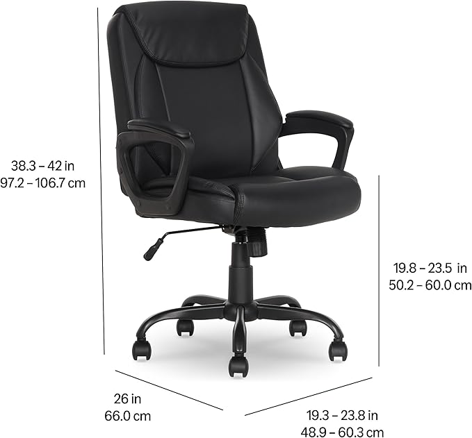 Amazon Basics Classic Puresoft PU Padded Mid-Back Office Desk Chair with Armrest, Easy Assembly, Sturdy Metal Base, Wheels, 275lb Support, 26"D x 23.75"W x 42"H, Black
