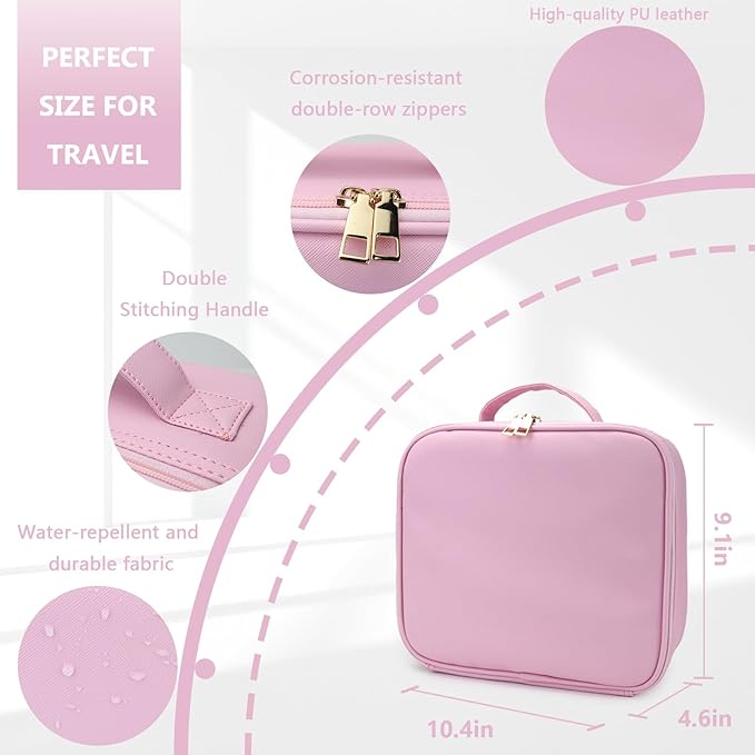 Makeup Bag with Led Mirror,Large Vanity Makeup Cases with 3 Color Setting,Portable Storage and Adjustable Dividers,for Women and Makeup Artists Cosmetic Organizer Travel Makeup Bag-Light Pink