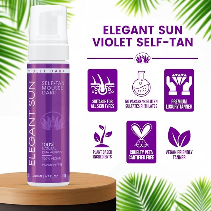 Self Tanner Mousse with Mitt, Violet Dark, Fake Tan Sunless Foam, Flawless Purple Sunless Tanner, Vegan Sunless Tanning Foam, Color Correcting, Paraben free by Elegant Sun