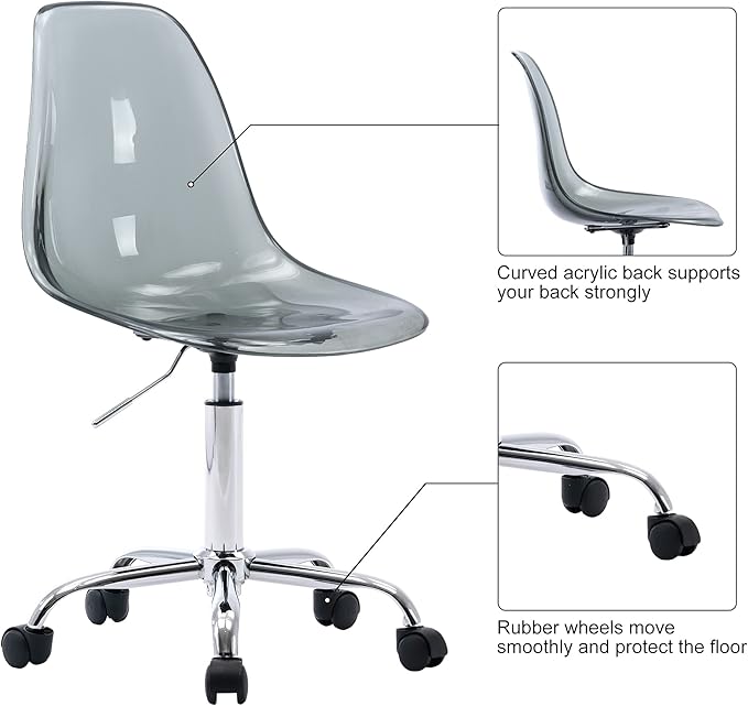 HOMEFUN Clear Desk Chair, Acrylic Rolling Armless Vanity Swivel Height Adjustable Ghost Molded Plastic Home Office Chairs with Wheels, Black