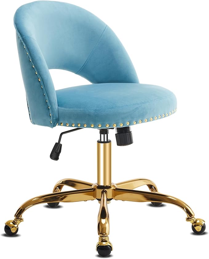 VINGLI Modern Velvet Small Office Chair,Cute Desk Chair with Wheels,Gold Base/Studs, Comfy Armless Swivel Vanity Task Chair for Women/Girl/Kids, Nail Tech Chair for Bedroom,Small Space,Cruising Blue