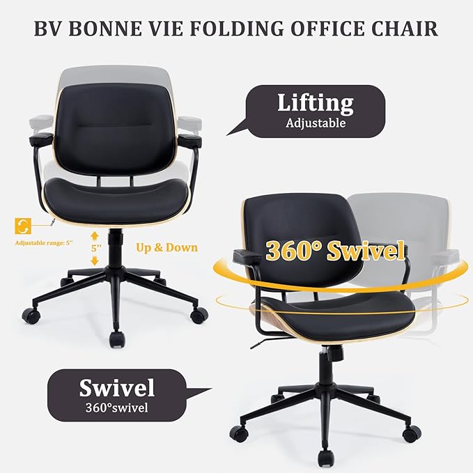 Mid Century Walnut Office Chair with Arms, Adjustable Swivel Desk Chair, Leather Computer Chair with Rolling Wheels for Home Office or Study Room, Black