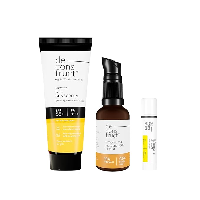 Deconstruct Daily Brightening Shield Trio: Gel sunscreen (50g) + Vitamin C Serum (30ml) + Brightening Lip Balm (4g) | Vitamin C Serum for Oily Skin (Pack of 3)