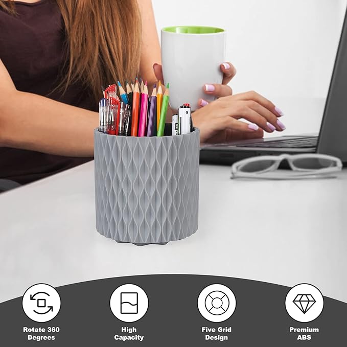Makeup Brush Holder Organizer - 360° Rotating, 5-Slot Brush Cup for Cosmetics, Lipsticks, Pens | Vanity & Desk Organizer (Grey)