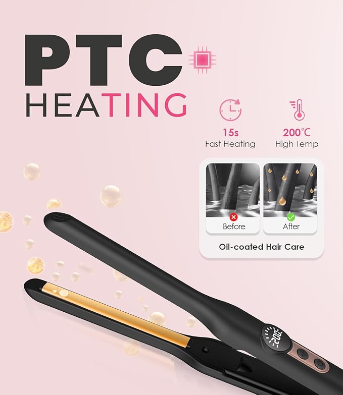 Mini Flat Iron Hair Straightener 1/3 Inch Pencil Flat Iron for Women Portable Travel Straightener and Curler 2 in 1 for Short Hair Beard and Pixie Cut with Adjustable Temp (Rose Gold)