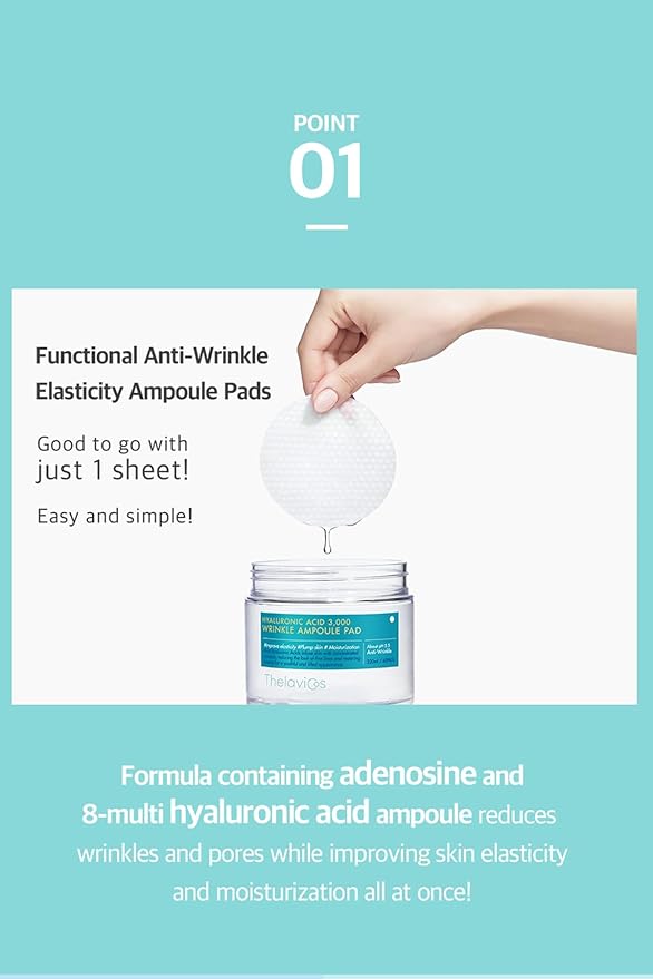 Hyaluronic Acid 3000 Wrinkle Ampoule Toner Pads with 8 types of Hyaluronic Acids and Adenosine for Clearer Skin, Pore Tightening, Moisturizing, Anti-Wrinkle - Pad Tweezer Included - 60ct