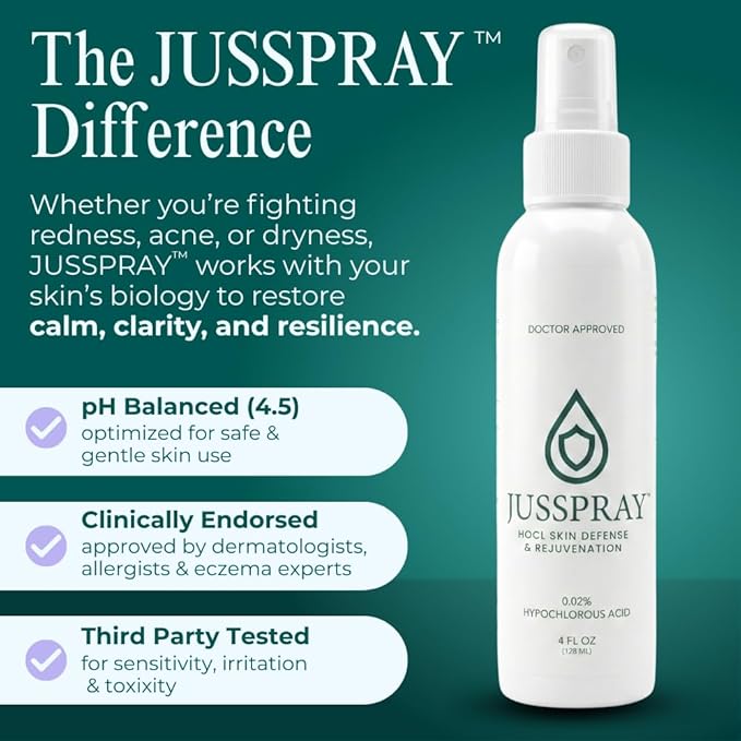 JusSpray™ Hypochlorous Acid Spray for Face and Skin | HOCI Facial Cleanser Mist | 4 oz Hypochlorous Acid for Face, Skin, Acne, Eczema, Body Acne Sprays, Piercing Aftercare, Wound Solution