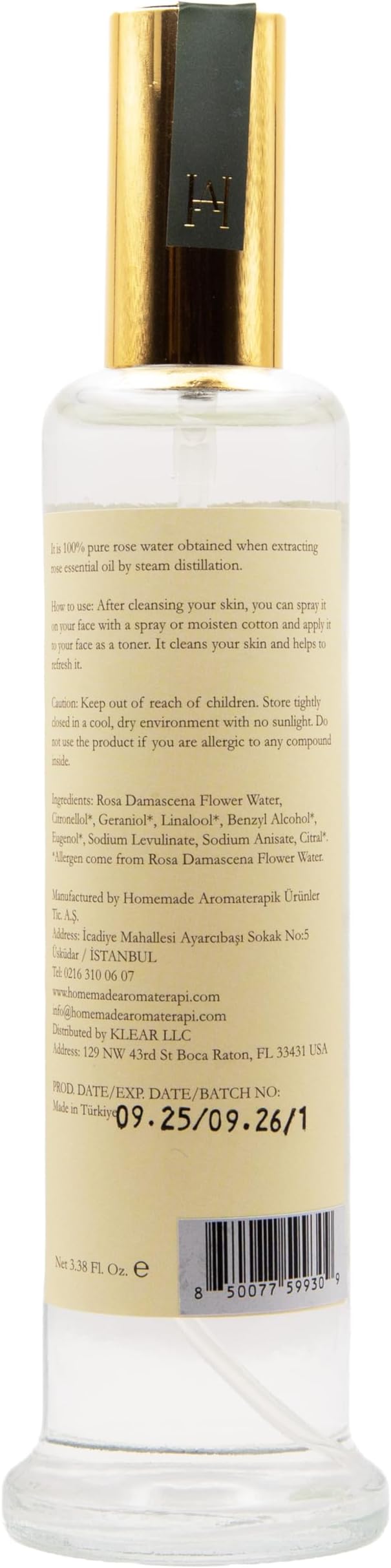 HMA | 100 Percent Pure Rose Water Facial Mist – Steam-Distilled Rosa Damascena Hydrosol | Alcohol-Free Toner & Hydrating Face Spray | Natural Skin Refresher for All Skin Types | 3.38 FL Oz
