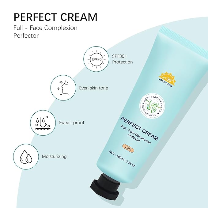 Skin Tint CC Cream Foundation with SPF 30,All-Over Complexion Perfector Shimmery Moisturizer,Concealer & Full Coverage Makeup,Waterproof & Transfer-Resistant,12H Wear for Flawless Complexion (Light)