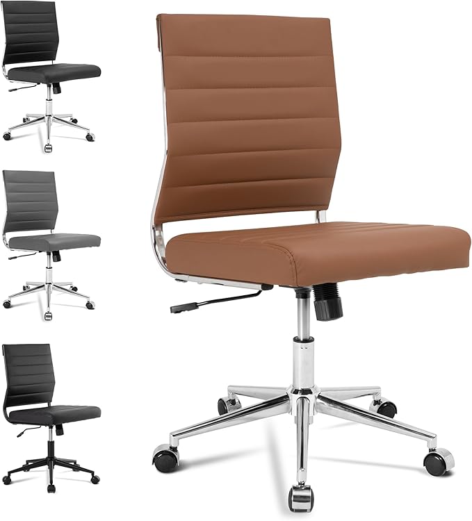 Okeysen Brown Armless Office Desk Chair, Mid Back Ergonomic Swivel Conference Room Chairs, Adjustable Height PU Leather Home Desk Chair, Modern Small Rolling Computer Task Chair