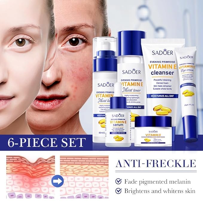 6-Piece Evening Primrose & Vitamin E Skincare Set | Hydrating Anti-Aging Routine for Dry/Sensitive Skin | Cleanser, Toner, Lotion, Serum, Cream, Eye Cream
