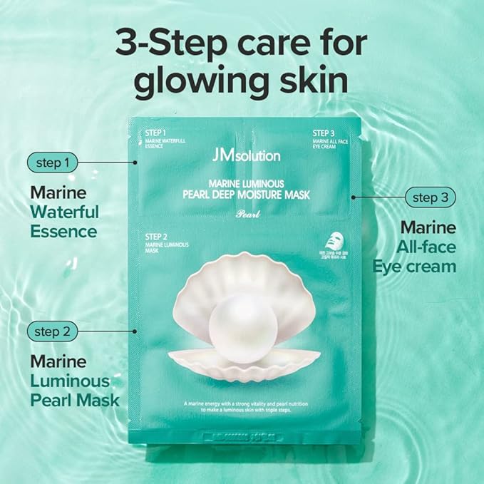 JMsolution Marine Luminous Pearl 3 Step Moisture Mask Plus (10 Sets) | Essence + Sheet Mask + Cream | Hydrating & Radiance Korean Skincare Set | K-Beauty Face Mask