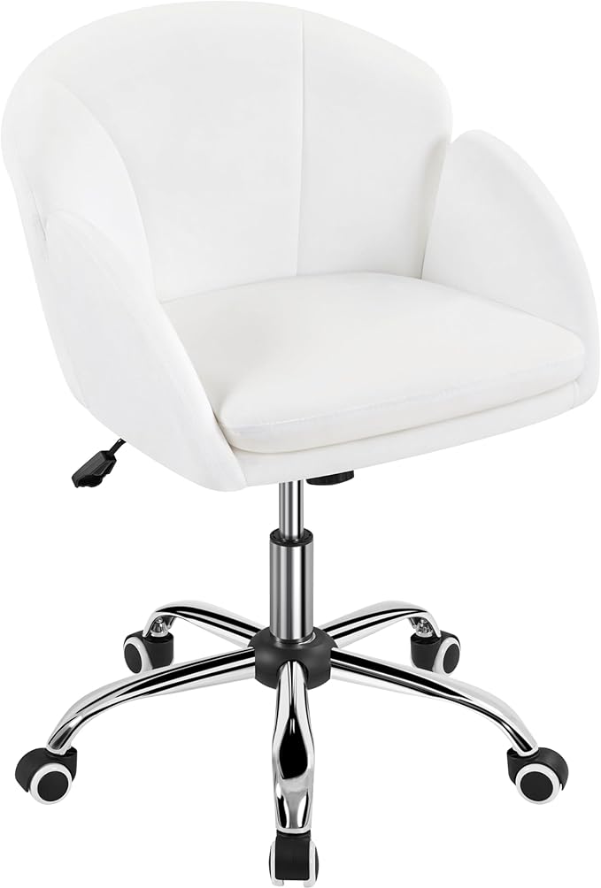 Yaheetech Cute Desk Chair for Home Office, Adjustable Vanity Chair Modern Upholstered Chair Swivel Rolling Task Chair with Armrests for Work, Study, Living Room, Bedroom, Snowy