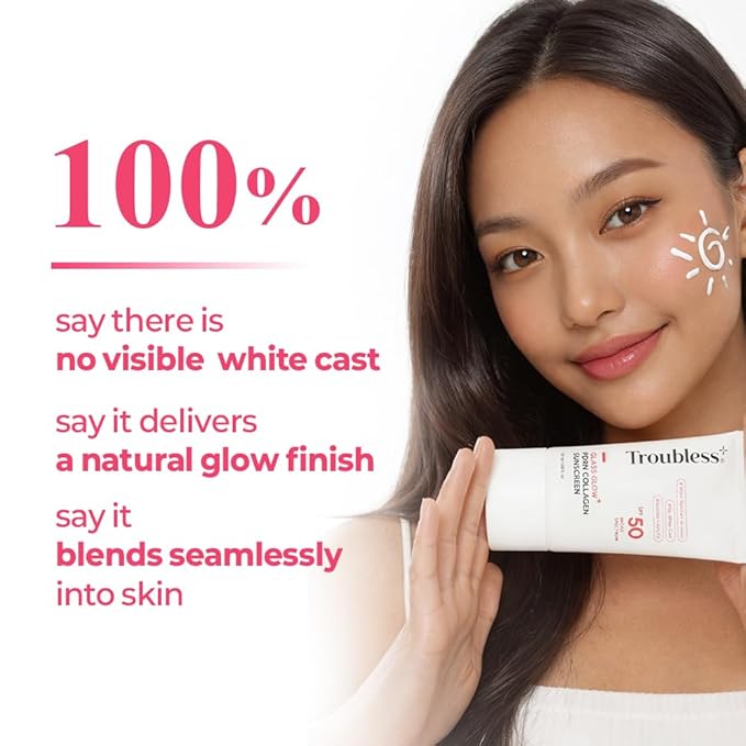 Troubless Glass Glow PDRN Collagen SPF 50 Sunscreen face - Hydrating & Moisturizing Broad Spectrum Sunscreen - Vegan, Lightweight, Non-Comedogenic - Korean Skin Care for All Skin Types 1.69 fl oz