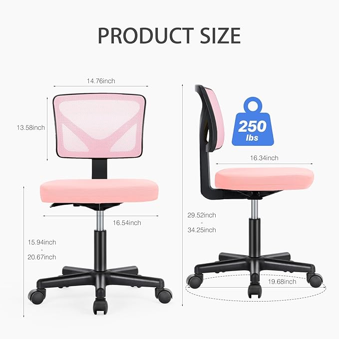 NEWBULIG Home Office Desk Chair, Armless Ergonomic Swivel Computer Chair with Wheels, Adjustable Height and Low-Back Mesh, Rolling Chair with Lumbar Support and Soft Seat for Small Spaces, Pink