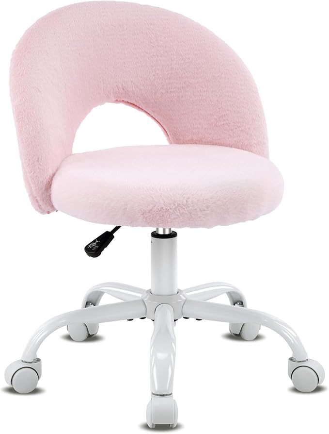 VINGLI Small Vanity Chair with Faux Fur Wheels for Girls,Cute Adjustable Height Armless Office Desk Chair,360°Swivel Comfy Rolling for Study,Make up Room,Small Space,Light Pink