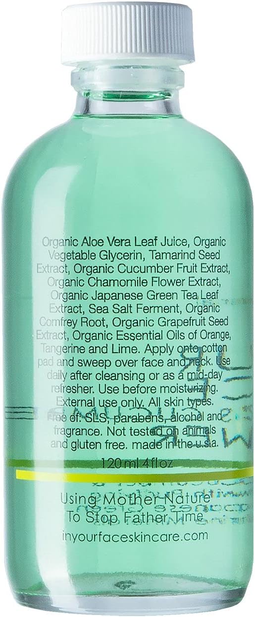 In Your Face Phyto-Biotic Balancing Toner Essence — Probiotic, Alcohol-Free Hydrating Toner with Cucumber, Green Tea & Citrus — Soothing Microbiome Essence with Fermented Sea Minerals — 2 oz