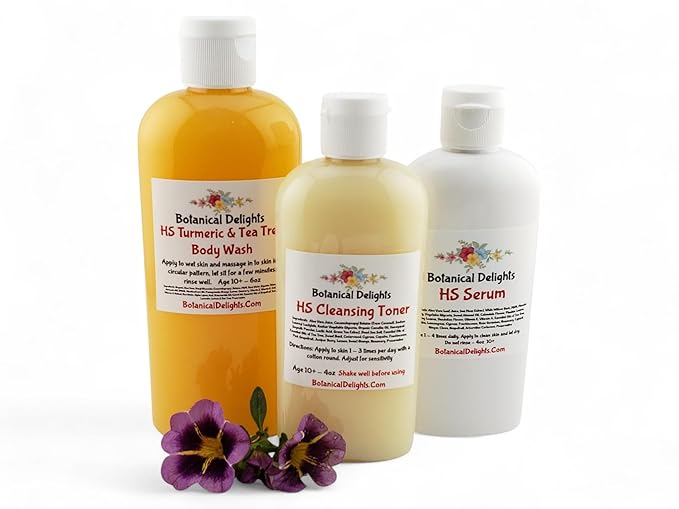 Hidradenitis Suppurativa Cleansing Toner, Serum and Turmeric & Tea Tree Body Wash - Designed specifically to soothe and prevent HS flare-ups - Eases discomfort and allow the toxins inside to drain.