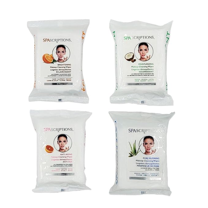 Spascriptions™ Anti-Aging, Brightening, Moisturizing & Pore Refining Towelettes Removes Waterproof Makeup, Revives with Collagen, Vitamin C, Coconut Oil, and Aloe Hypoallergenic, 120 Ct. 4 Pack