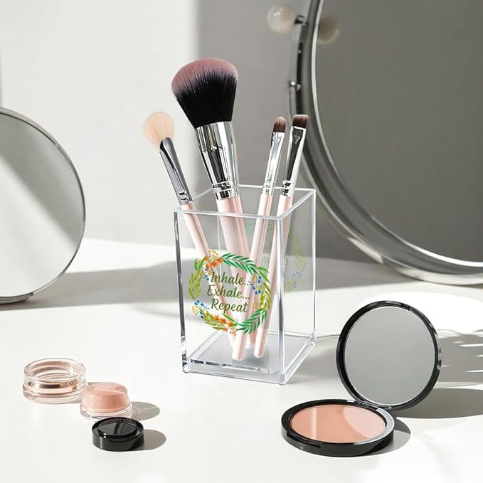 Inhale Exhale Repeat Acrylic Cosmetic Pencil Pen Holder Cup, Inspirational Desk Organizer Accessories for Home Office Meditation Room Decor, Motivational Gifts for Women Girl Yoga Lover Coworker