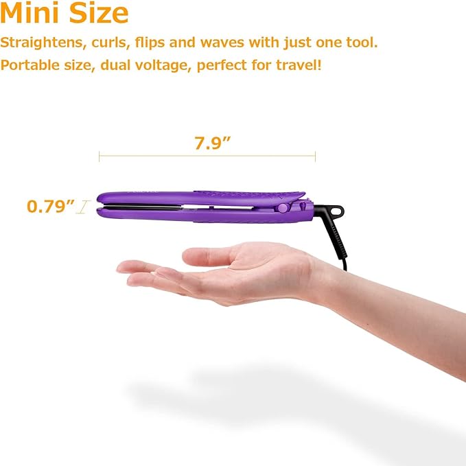 AmoVee Mini Flat Iron, 0.7 Inch Mini Hair Straightener, Small Flat Iron for Short Hair,Curls Bangs, Dual Voltage Travel Hair Straightener（Purple）