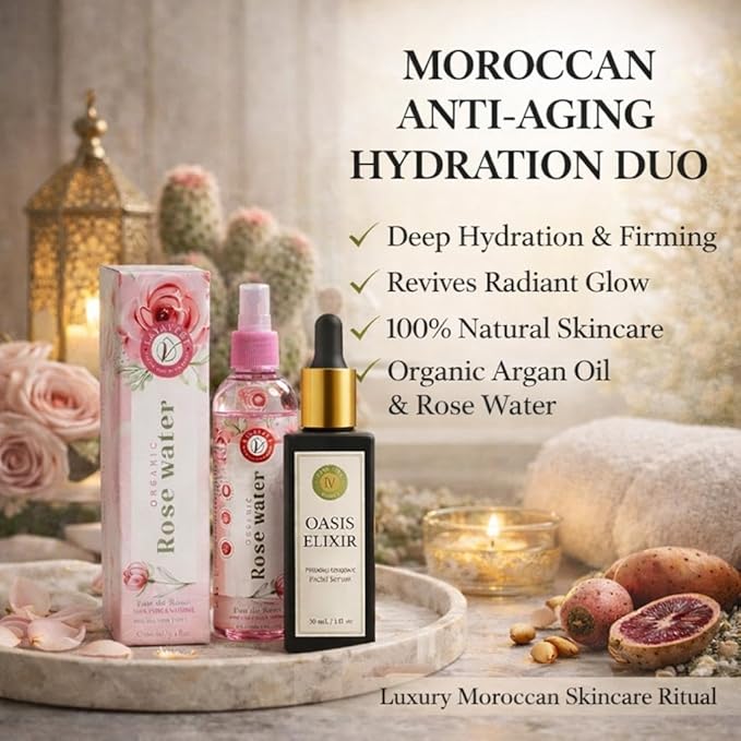 Organic Moroccan Anti-Aging, Hydration Duo Face Serum 1 fl oz + Organic Rose Water 3.4 fl oz Argan, Prickly Pear, Jojoba, Vitamin E, Wrinkle Care, Firming Glow for Dry Skin