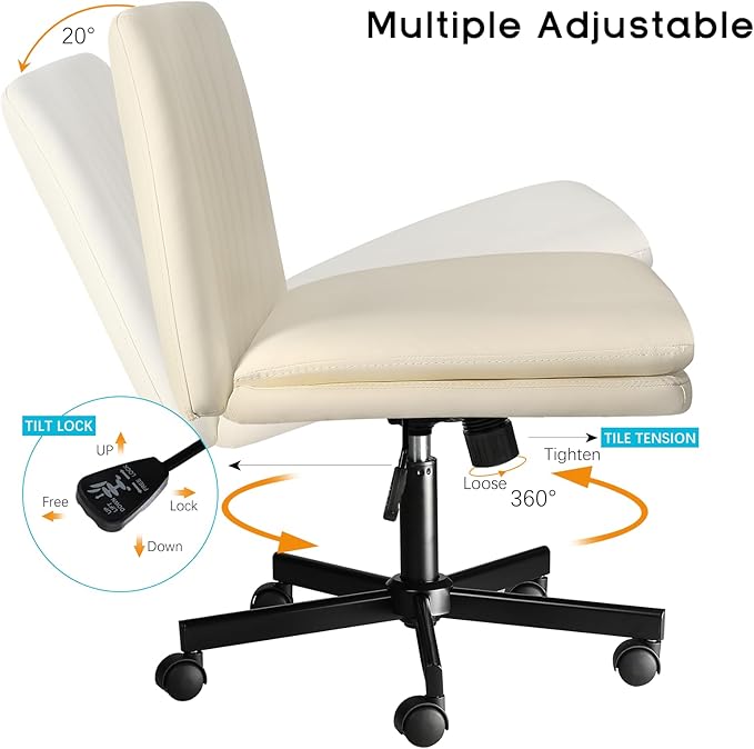 PUKAMI Criss Cross Chair,Comfy Cross Legged Office Desk Chair No Wheels,Modern Fabric Swivel Adjustable Height Mid Back Wide Seat for Home Office Computer (Pu Beige with Wheels)