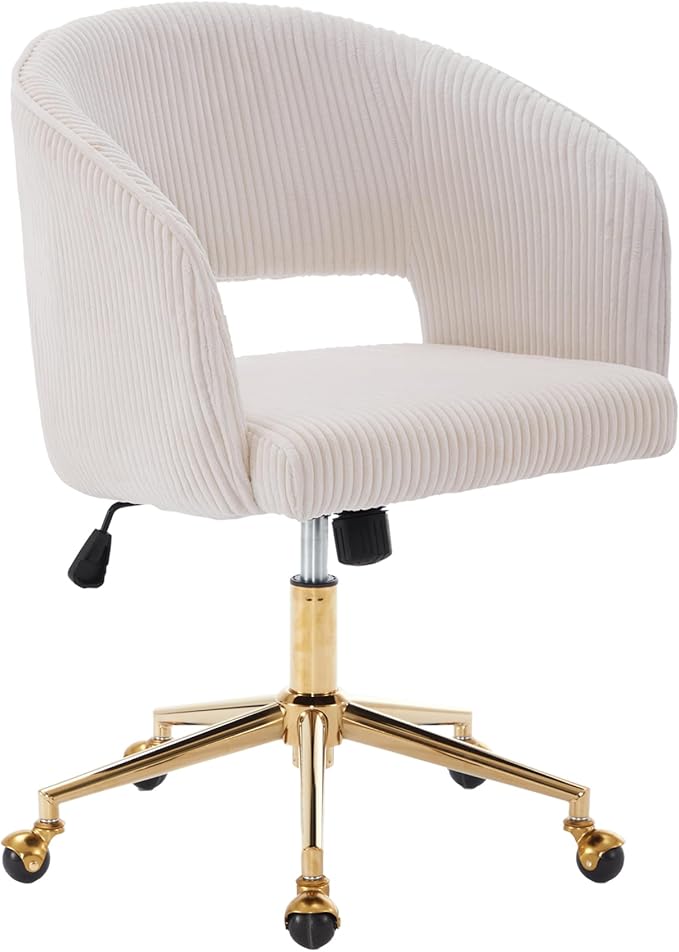 Home Office Chair Swivel Corduroy Fabric Desk Chair Accent Armchair Upholstered Modern Tufted Chairs with Gold Base for Girls Women Ergonomic Study Seat Computer Task Stools for Living Room(Beige)