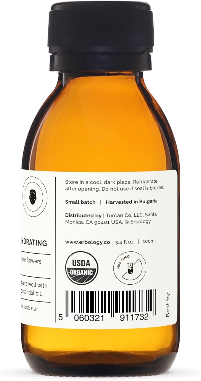 Erbology Organic Rose Water 3.4 fl oz - Distilled from Damask Rose - Premium Food Grade Hydrolate of Rose - Soothes, Hydrates and Calms - Non-GMO - Recyclable Glass Bottle