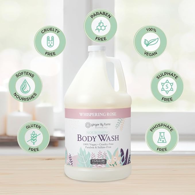 Ginger Lily Farms Botanicals Nourishing Body Wash, 100% Vegan & Cruelty-Free, Whispering Rose Scent, 1 Gallon (Pack of 4)