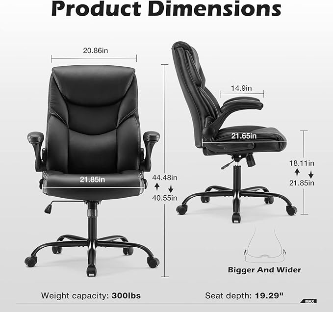 DUMOS Office Chair - Ergonomic Executive Computer Desk Chairs with Adjustable Flip-up Armrest, Swivel Task Chair with Lumbar Support, Strong Metal Base, PU Leather, Black