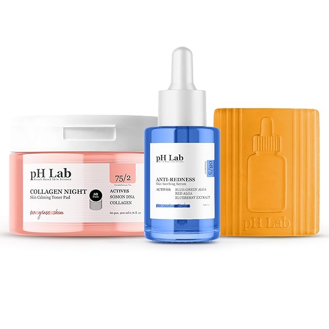 pH Lab Sensitive & Redness Skincare Routine Set, Collagen Night Toner Pad, Anti Redness Serum, Wake Up Energy Cleansing Bar, Soothes, Hydrates & Refreshes Skin