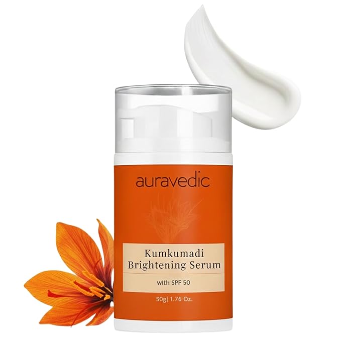 Auravedic Kumkumadi Face Serum Sunscreen SPF 50 | Lightweight Broad Spectrum Daily Face Sunscreen with Saffron | Non-Greasy Moisturizing Sun Protection for Smooth Even-Looking Skin | 1.76 Oz (50g)