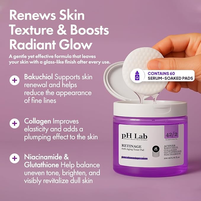pH Lab Retinage Anti-Aging Set, Cleansing Bar, Toner Pad, Serum with Collagen & Bakuchiol, Daily Quick Mask