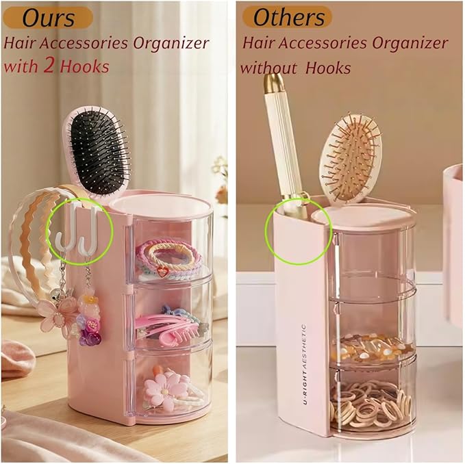Hair Accessories Organizer with 2 Hooks,3-Layer Rotatable Hair Tie Organizer With Hair Brush Holder,Makeup Brush Holder For Hair Ties,Hair clips,and Hair bows (Pink)