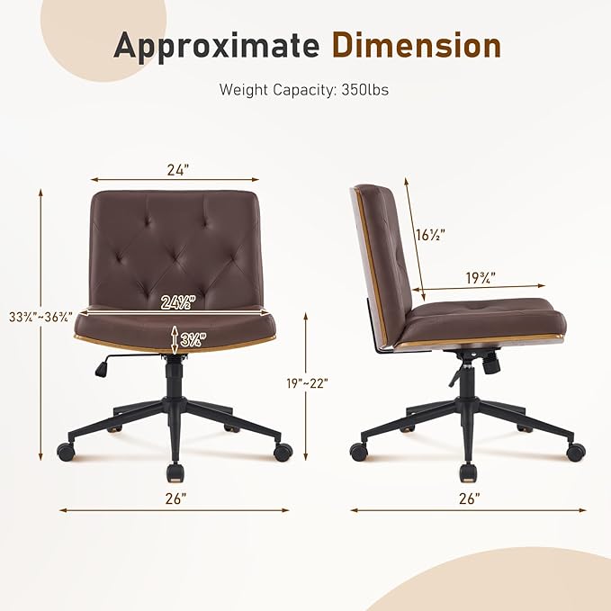 Furnimart Heavy-Duty Curved FSC Wood Desk Chair 360° Swivel, Faux Leather Criss Cross Chair with Wheels Wide Seat, Comfy Armless Cross Legged Sitting for Bedroom, Office, Vanity (PU Brown)