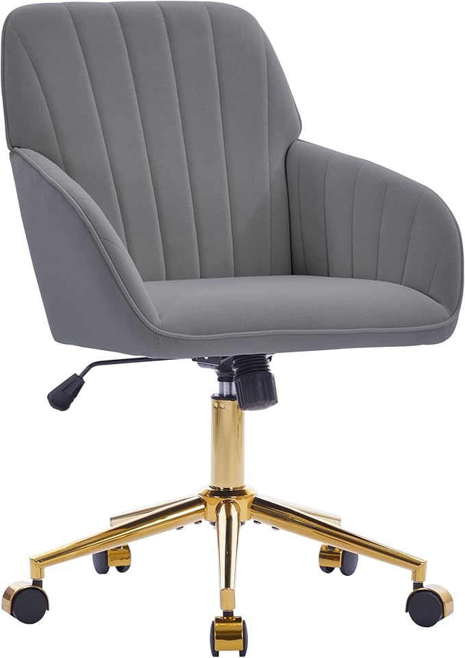Velvet Home Office Desk Chair, Modern Cute Computer Task Chair with Back, Height Adjustable Upholstered Vanity Chair with Swivel Wheels for Women, Girls (Gold Base, Gray