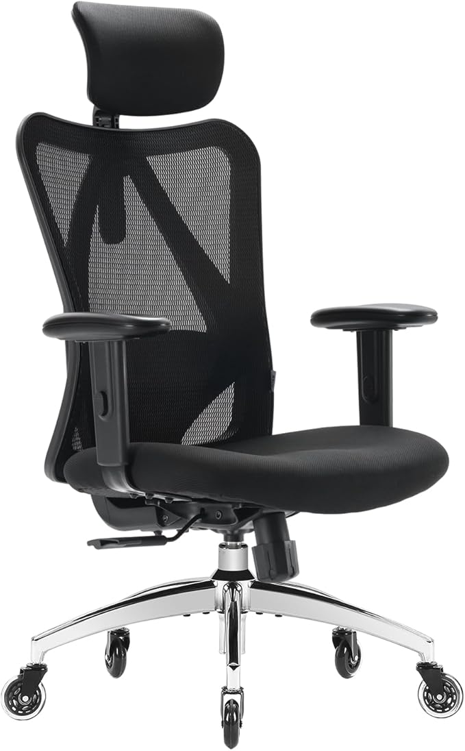 Ergonomic Office Chair, Mesh Computer Desk Chair with Adjustable Sponge Lumbar Support, Thick Cushion, PU Armrest and Headrest, High Back Swivel Home Office Task Chair for Work (Black)…