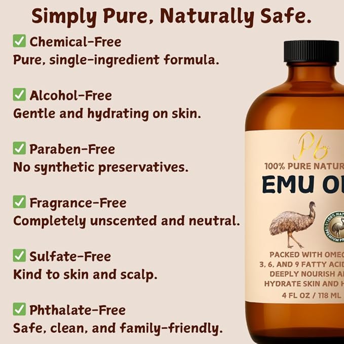 Emu Oil, 100% Pure Australian Emu Oil – Refined & Unscented – Natural Moisturizer for Hair, Skin, Face & Body – Helps with Scars, Dry Skin & Massage – 4 fl oz Glass Bottle
