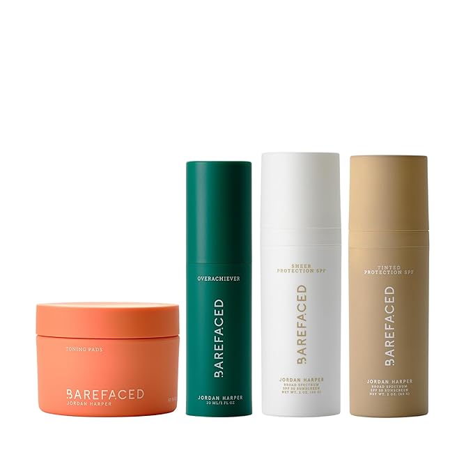 Barefaced Year-Round Essentials Bundle - Toning Pads, Tinted SPF, Sheer SPF, & Overachiever - Exfoliate, Renew, & Protect Skin Every Season