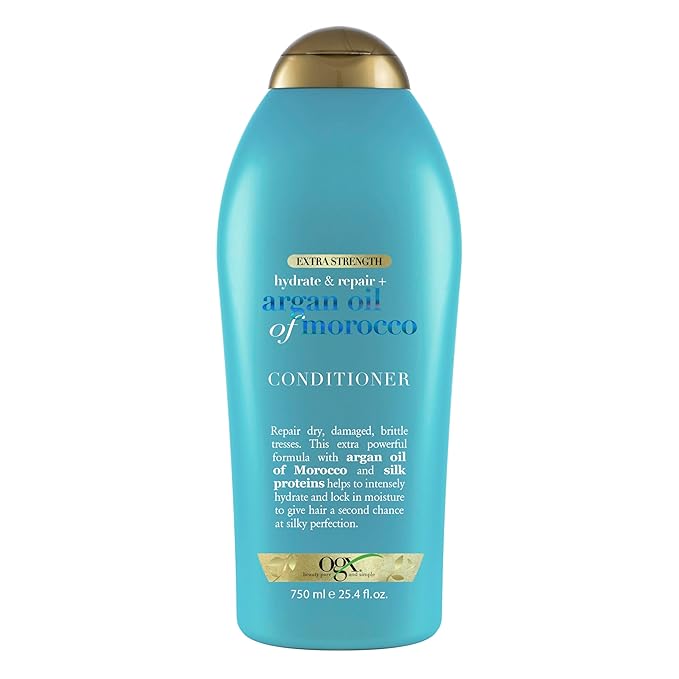 OGX Extra Strength Hydrate & Repair + Argan Oil of Morocco Conditioner for Dry, Damaged Hair, Cold-Pressed Argan Oil to Moisturize Hair, Paraben-Free, Sulfate-Free Surfactants, 25.4 Fl Oz
