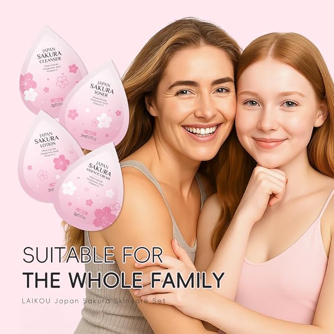 Sakura Travel Skincare Sets, 60pcs Mini Travel Skin Care kit Including Cleanser, Toner, Lotion, Serum, Cream, Sleepping Mask