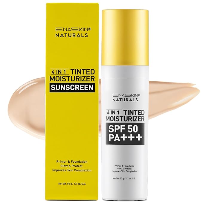 ENASKIN NATURALS 4-in-1 Tinted Moisturizer with SPF 50, Mineral Sunscreen & Primer with Zinc Oxide, Lightweight Skin Tint for Glowy Finish & Even Complexion, Universal Sheer Tint, 1.7 fl oz