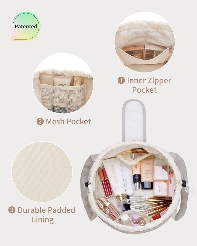 Narwey Quilted Drawstring Makeup Bag, Large Cosmetic Bag Cute Make up Bags Toiletry Bag Travel Bags for Toiletries Organizer for Women Gift for Teen Girls (Khaki) (Patent)