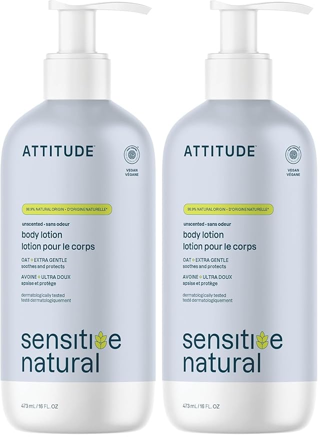 ATTITUDE Body Lotion for Sensitive Skin with Oat,EWG Verified,Dermatologically Tested,Vegan,Extra Gentle,Unscented,16 Fl Oz,(Pack of 2)