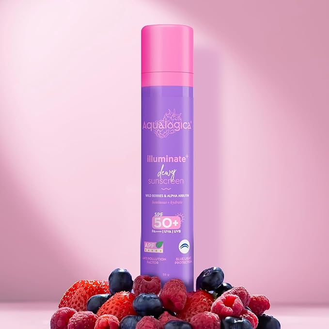 Aqualogica Illuminate+ Dewy Sunscreen SPF 50+ PA++++ with Wild Berries & Alpha Arbutin - 50 g Broad Spectrum SPF 50+ PA++++ UVA/B & Blue Light Protection Anti-Pollution Factor (APF) Technology